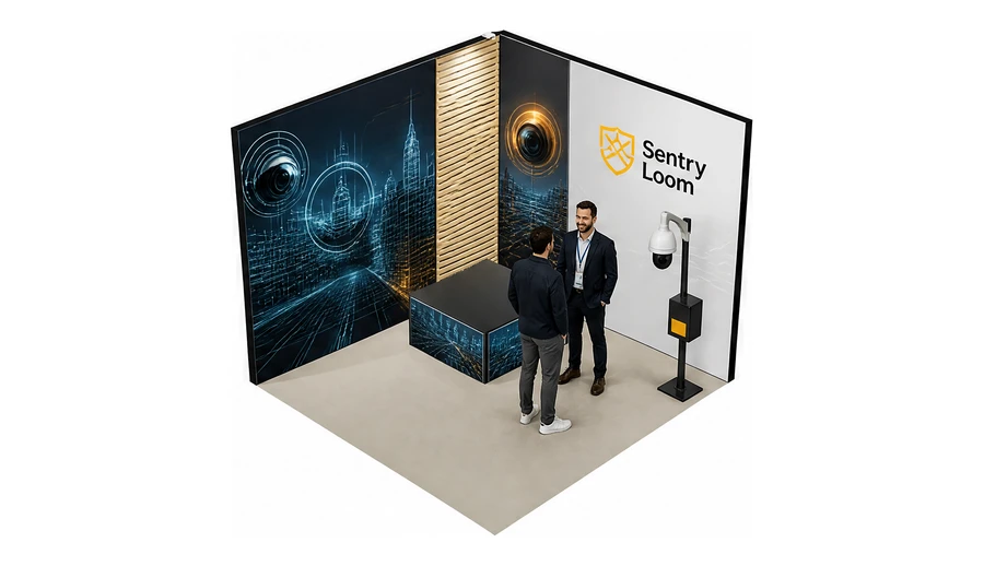 Stoisko 3 × 3 m narożne lewe dla branży systemy zabezpieczeń, przykładowa marka Sentry Loom