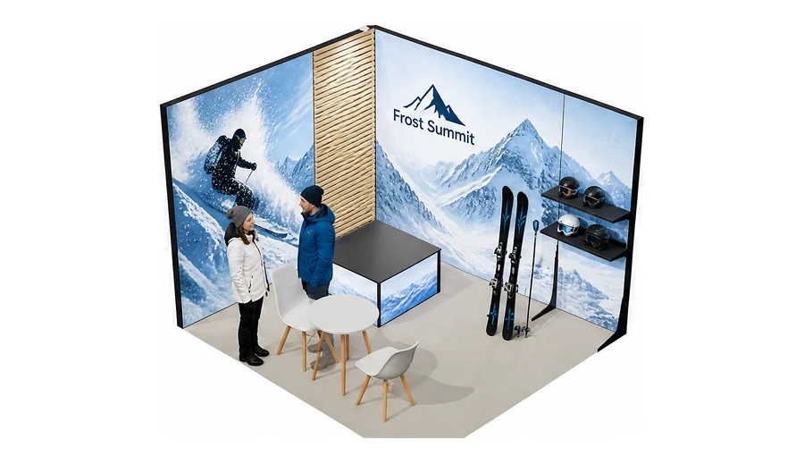 Stoisko 3 × 3 m narożne lewe dla branży narciarstwo i sporty zimowe, przykładowa marka Frost Summit