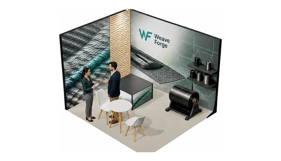 Stoisko 3 × 3 m narożne lewe dla branży materiały kompozytowe, przykładowa marka Weave Forge
