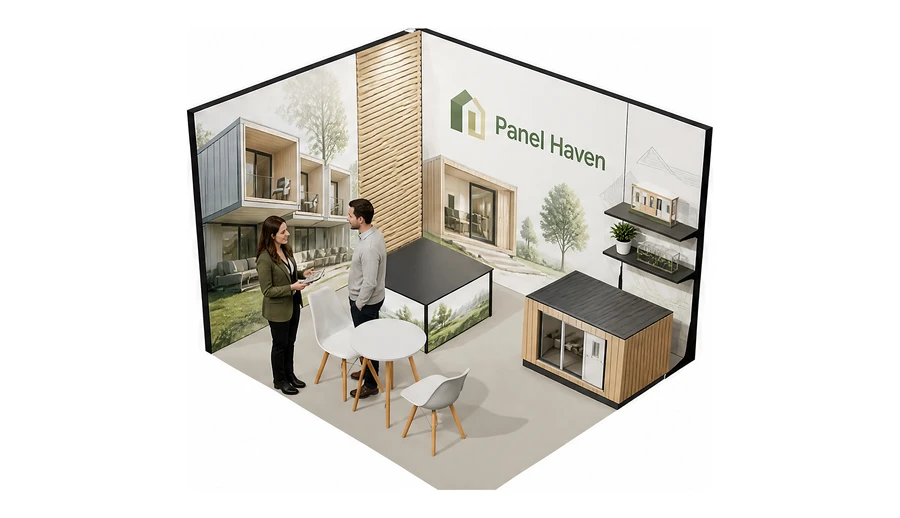 Stoisko 3 × 3 m narożne lewe dla branży domy modułowe i prefabrykacja, przykładowa marka Panel Haven