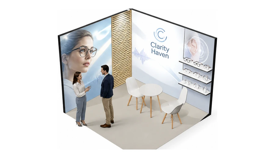 Stoisko 3 × 3 m narożne lewe dla branży optyka i audiologia, przykładowa marka Clarity Haven
