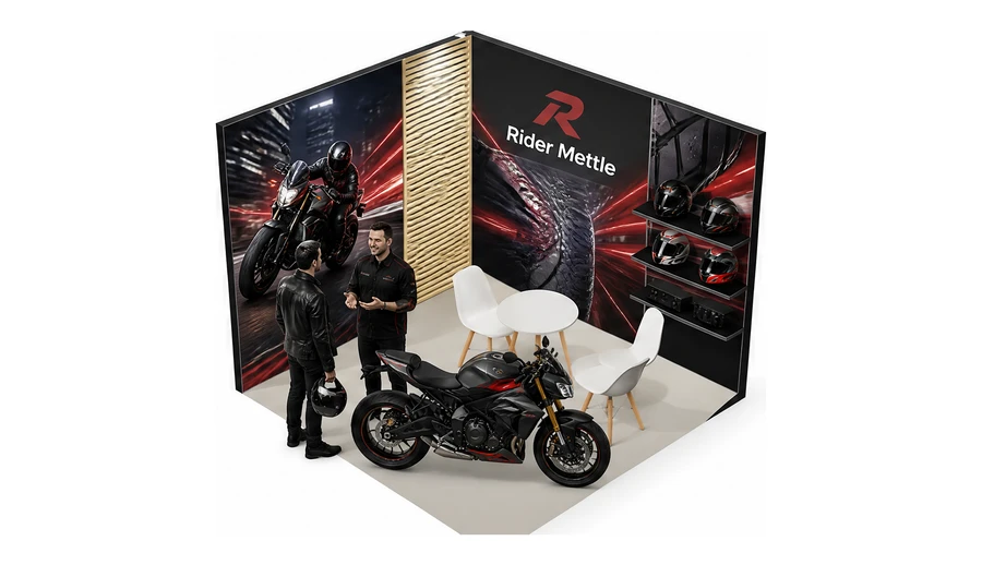 Stoisko 3 × 3 m narożne lewe dla branży motocykle i skutery, przykładowa marka Rider Mettle