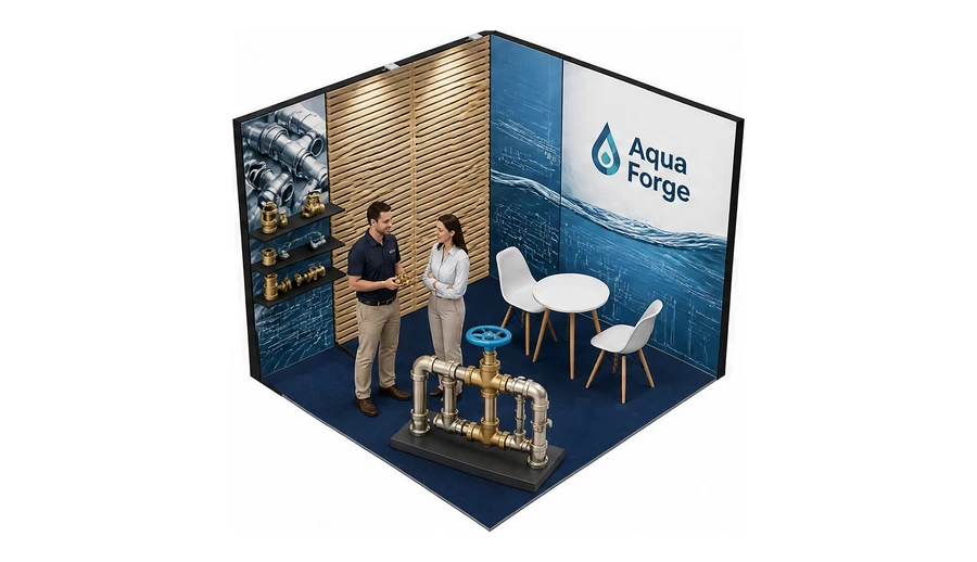 Stoisko 3 × 3 m narożne lewe dla branży instalacje wodno-kanalizacyjne, przykładowa marka Aqua Forge