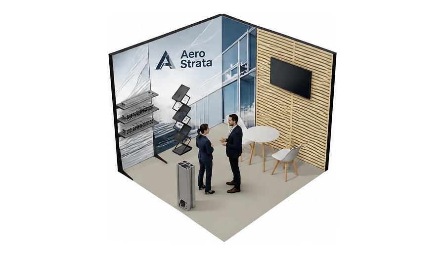 Stoisko 3 × 3 m narożne lewe dla branży profile aluminiowe, przykładowa marka Aero Strata