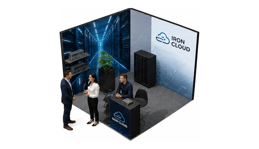 Stoisko 3 × 3 m narożne lewe dla branży infrastruktura IT i data center, przykładowa marka Iron Cloud