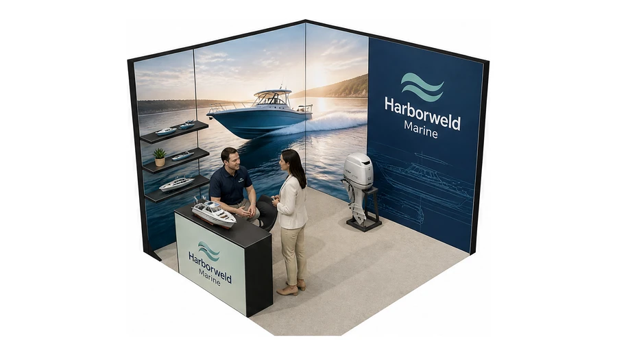 Stoisko 3 × 3 m narożne lewe dla branży jachty i łodzie, przykładowa marka Harborweld Marine