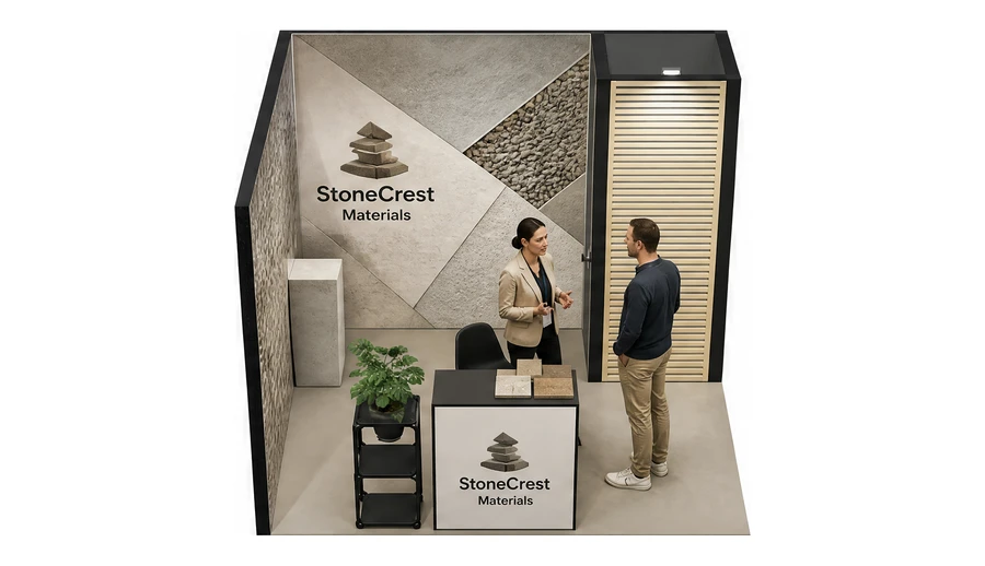Stoisko 3 × 3 m narożne lewe dla branży materiały budowlane, przykładowa marka StoneCrest Materials