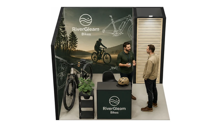 Stoisko 3 × 3 m narożne lewe dla branży rowery elektryczne, przykładowa marka RiverGleam Bikes