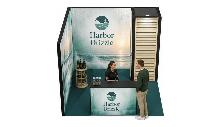 Stoisko 3 × 3 m narożne lewe dla branży napoje, przykładowa marka Harbor Drizzle