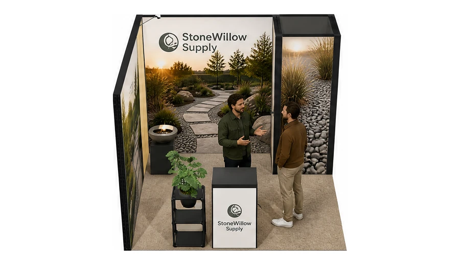 Stoisko 3 × 3 m narożne lewe dla branży ogród i architektura krajobrazu, przykładowa marka StoneWillow Supply