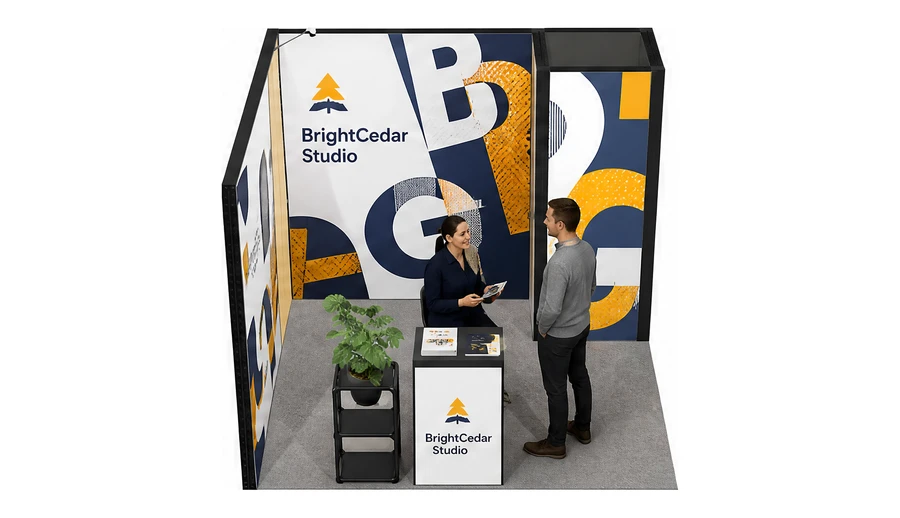Stoisko 3 × 3 m narożne lewe dla branży reklama i druk, przykładowa marka BrightCedar Studio