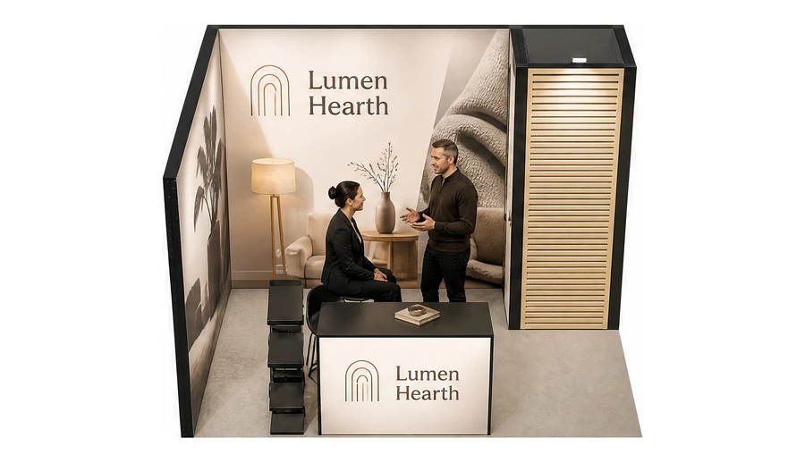 Stoisko 3 × 3 m narożne lewe dla branży meble designerskie, przykładowa marka Lumen Hearth