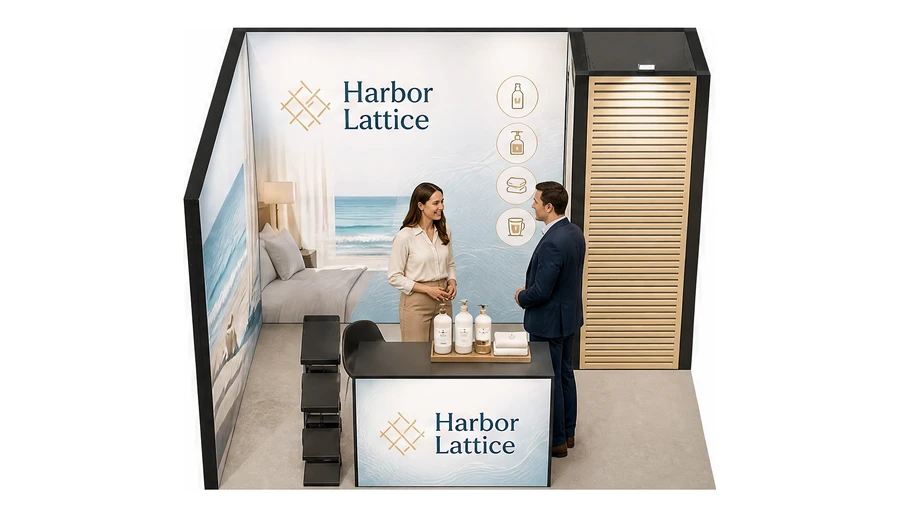 Stoisko 3 × 3 m narożne lewe dla branży wyposażenie hoteli, przykładowa marka Harbor Lattice