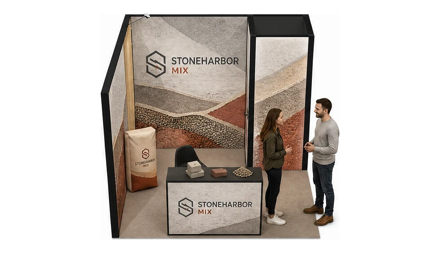 Stoisko 3 × 3 m narożne lewe dla branży materiały budowlane, przykładowa marka Stoneharbor Mix