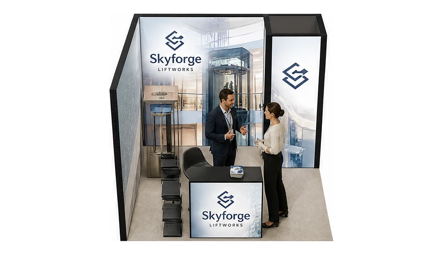 Stoisko 3 × 3 m narożne lewe dla branży dźwigi i windy, przykładowa marka Skyforge Liftworks