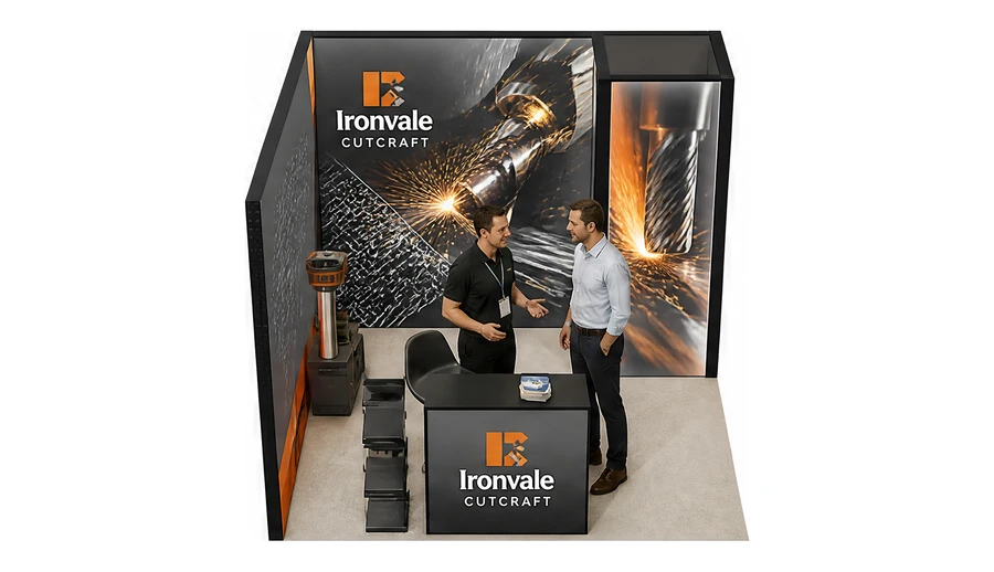Stoisko 3 × 3 m narożne lewe dla branży obrabiarki i narzędzia, przykładowa marka Ironvale Cutcraft