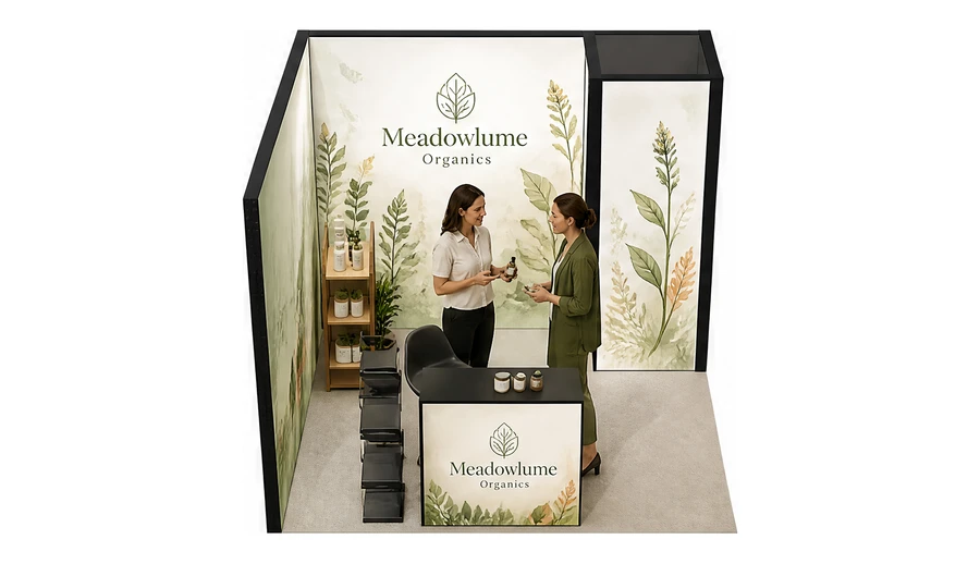 Stoisko 3 × 3 m narożne lewe dla branży kosmetyki naturalne, przykładowa marka Meadowlume Organics