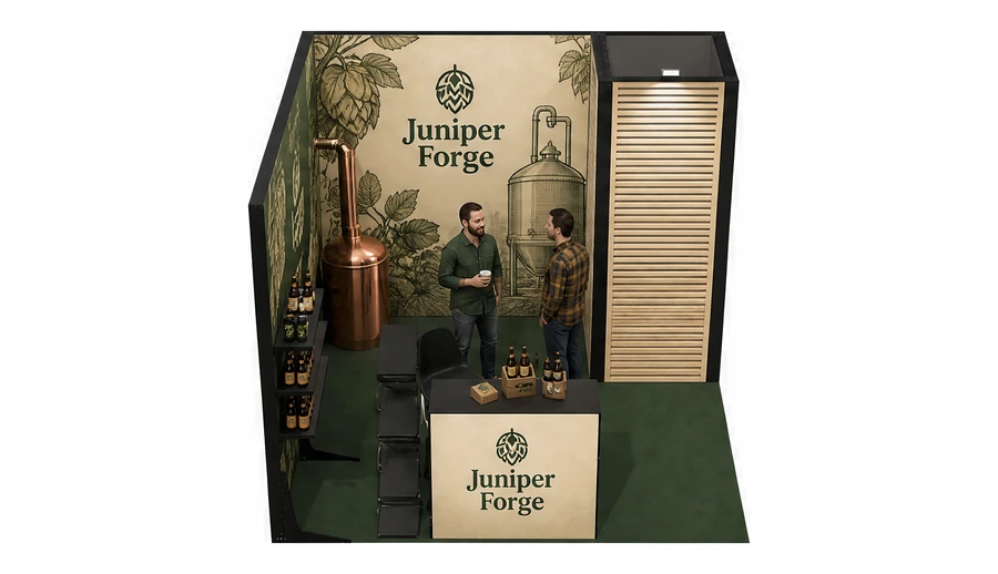 Stoisko 3 × 3 m narożne lewe dla branży browar rzemieślniczy, przykładowa marka Juniper Forge