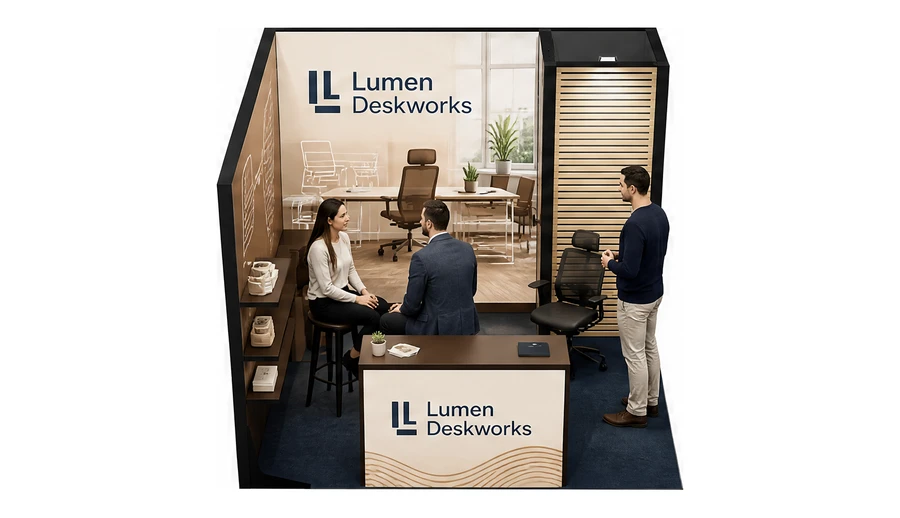 Stoisko 3 × 3 m narożne lewe dla branży meble biurowe, przykładowa marka Lumen Deskworks