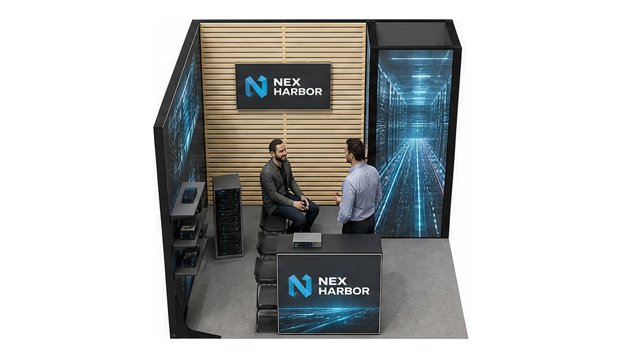 Stoisko 3 × 3 m narożne lewe dla branży infrastruktura IT i data center, przykładowa marka Nex Harbor
