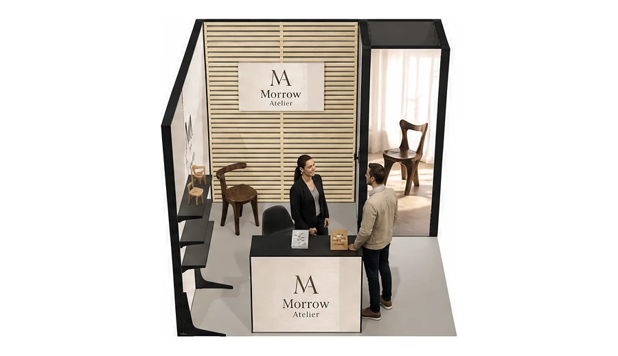 Stoisko 3 × 3 m narożne lewe dla branży meble designerskie, przykładowa marka Morrow Atelier