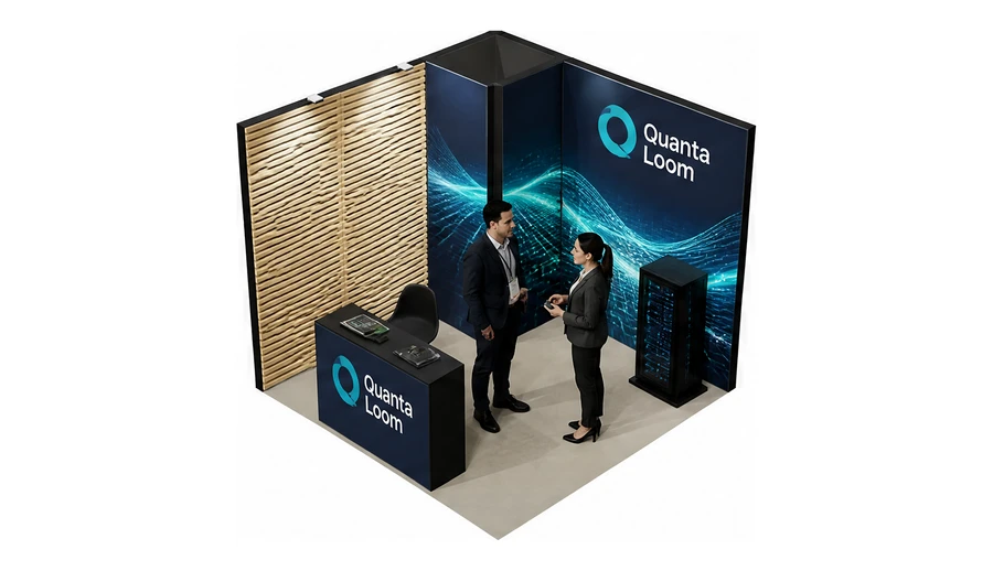 Stoisko 3 × 3 m narożne lewe dla branży sztuczna inteligencja i dane, przykładowa marka Quanta Loom