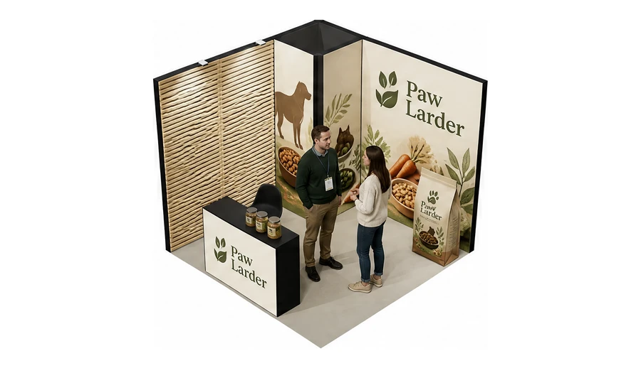Stoisko 3 × 3 m narożne lewe dla branży karma dla zwierząt, przykładowa marka Paw Larder