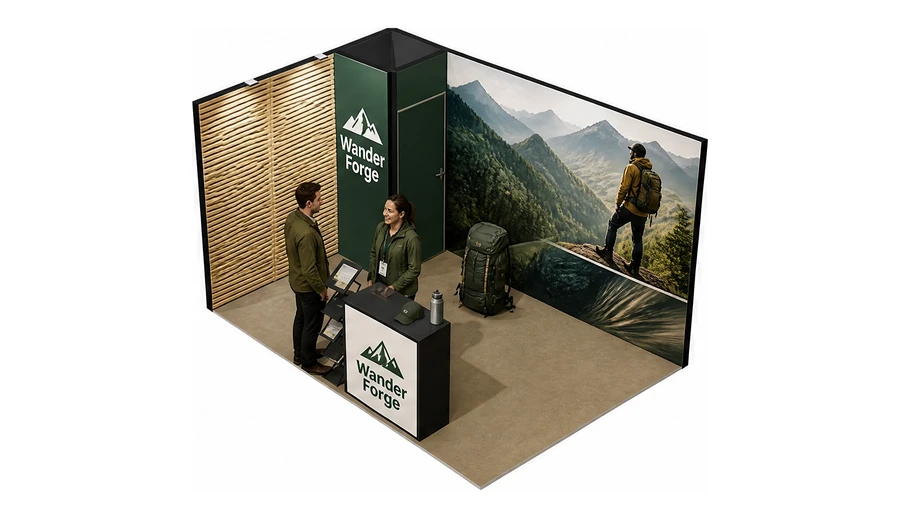 Stoisko 3 × 3 m narożne lewe dla branży odzież i sprzęt outdoorowy, przykładowa marka Wander Forge