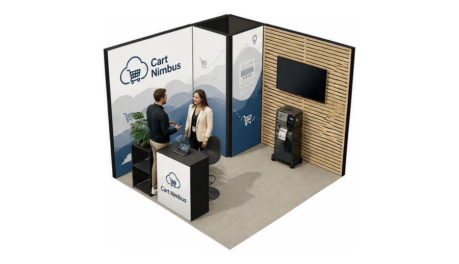 Stoisko 3 × 3 m narożne lewe dla branży e-commerce, przykładowa marka Cart Nimbus