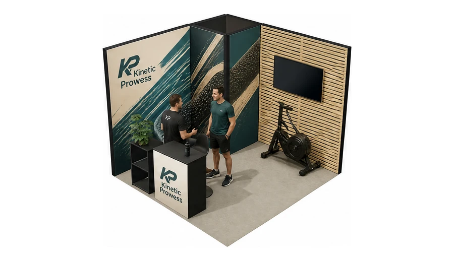 Stoisko 3 × 3 m narożne lewe dla branży sprzęt sportowy, przykładowa marka Kinetic Prowess