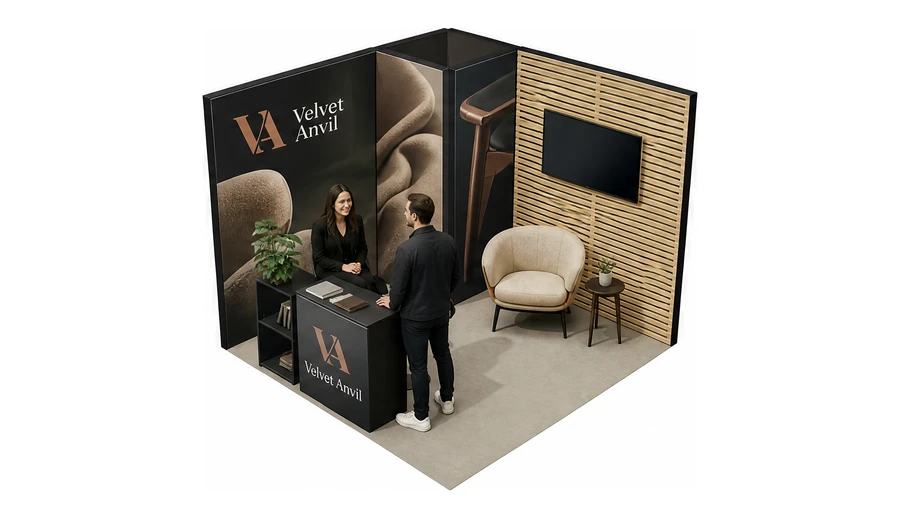 Stoisko 3 × 3 m narożne lewe dla branży meble designerskie, przykładowa marka Velvet Anvil