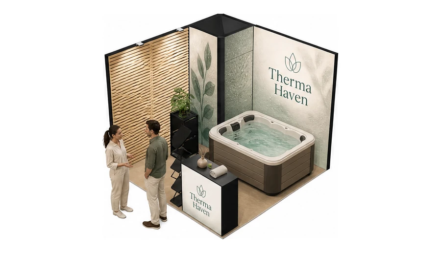 Stoisko 3 × 3 m narożne lewe dla branży spa i wellness, przykładowa marka Therma Haven