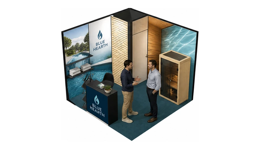 Stoisko 3 × 3 m narożne lewe dla branży baseny i sauny, przykładowa marka Blue Hearth