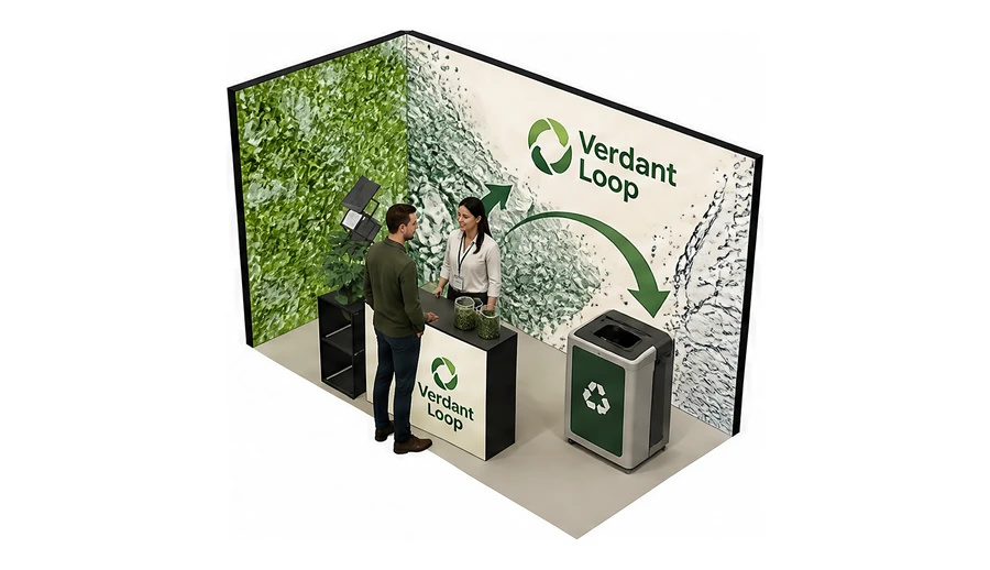 Stoisko 4 × 2 m narożne lewe dla branży recykling i ochrona środowiska, przykładowa marka Verdant Loop