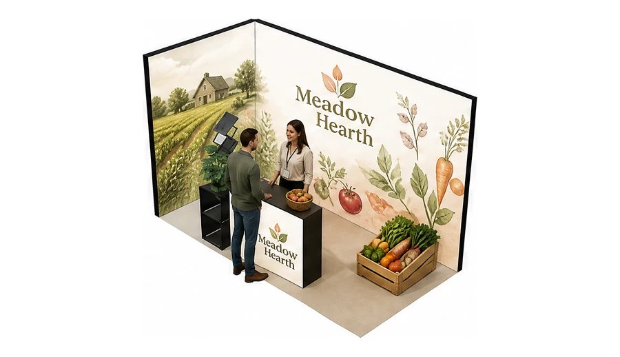 Stoisko 4 × 2 m narożne lewe dla branży żywność ekologiczna, przykładowa marka Meadow Hearth