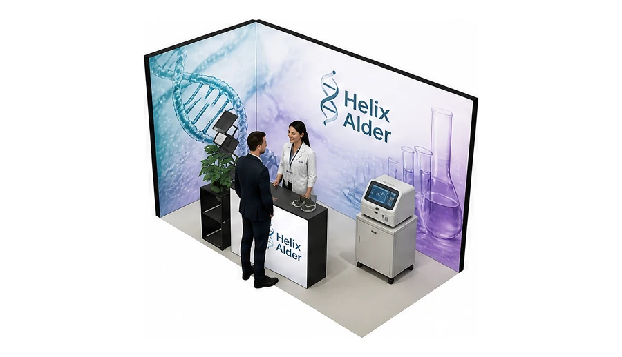 Stoisko 4 × 2 m narożne lewe dla branży farmacja i biotechnologia, przykładowa marka Helix Alder