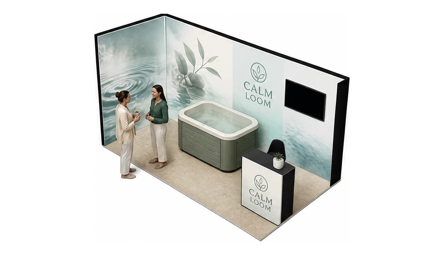 Stoisko 4 × 2 m narożne lewe dla branży spa i wellness, przykładowa marka Calm Loom