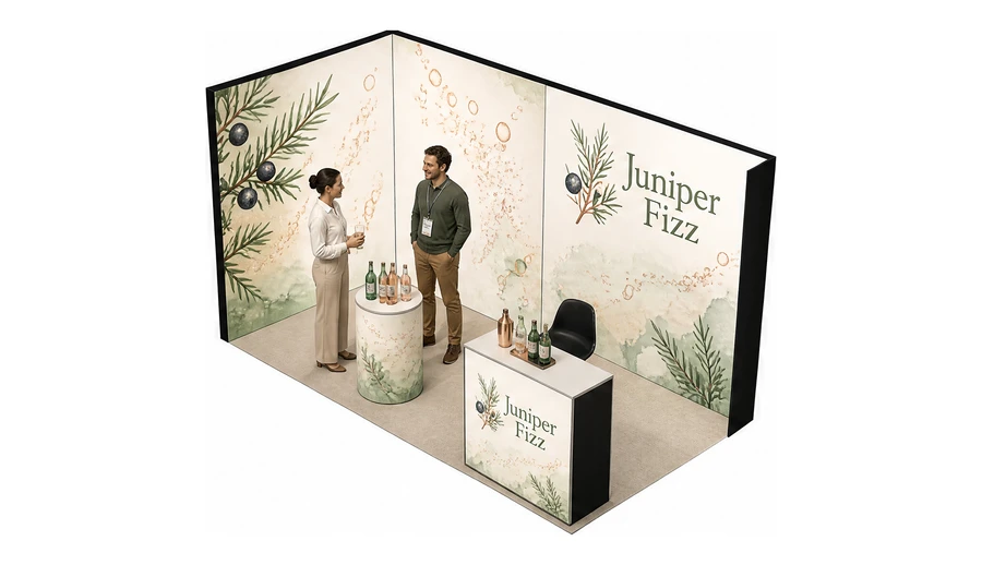Stoisko 4 × 2 m narożne lewe dla branży napoje, przykładowa marka Juniper Fizz