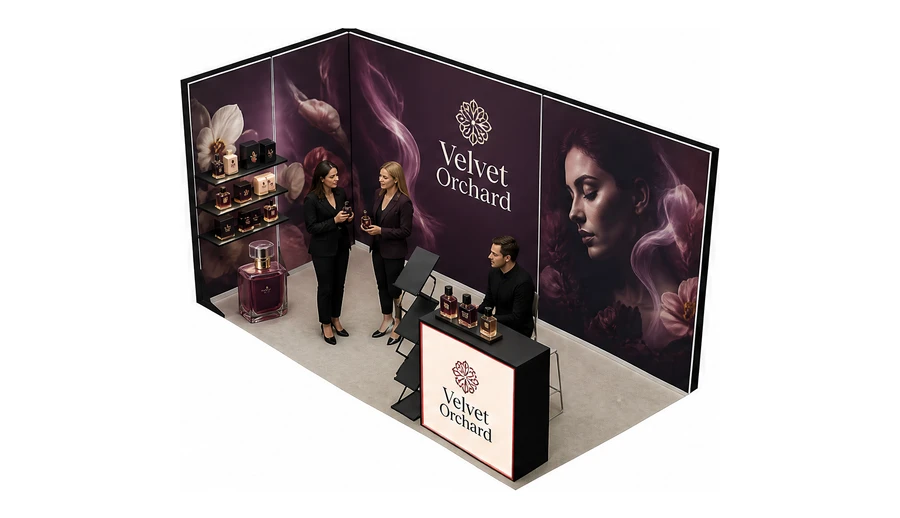 Stoisko 4 × 2 m narożne lewe dla branży perfumy, przykładowa marka Velvet Orchard