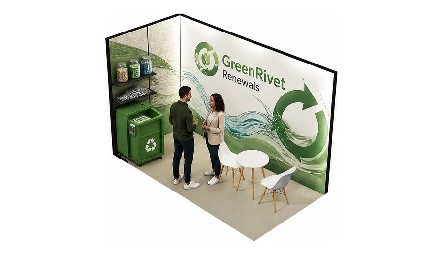 Stoisko 4 × 2 m narożne lewe dla branży recykling i ochrona środowiska, przykładowa marka GreenRivet Renewals