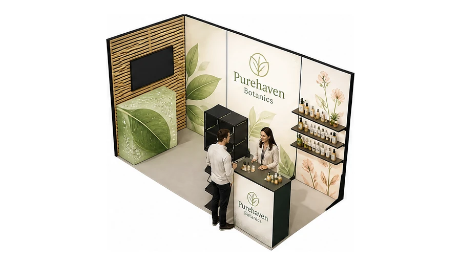 Stoisko 4 × 2 m narożne lewe dla branży kosmetyki naturalne, przykładowa marka Purehaven Botanics