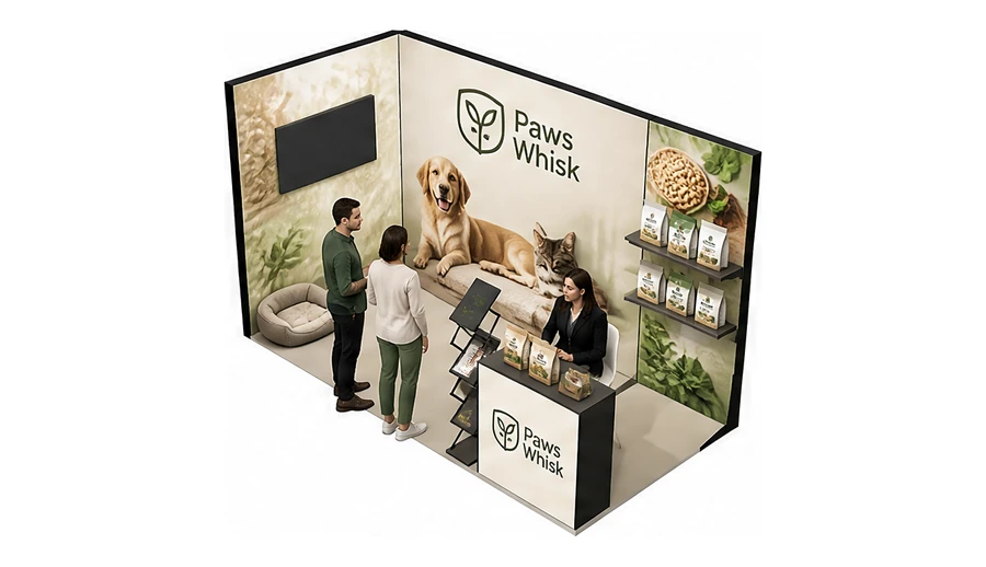 Stoisko 4 × 2 m narożne lewe dla branży karma dla zwierząt, przykładowa marka Paws Whisk