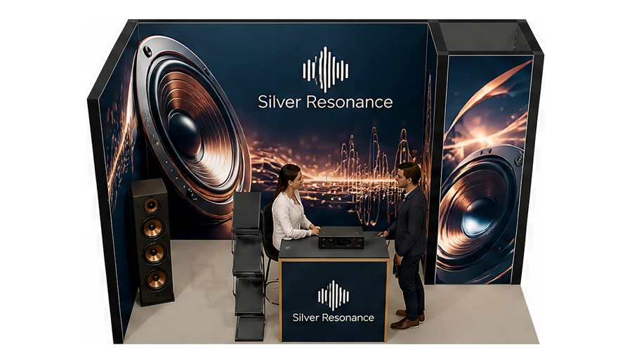 Stoisko 4 × 2 m narożne lewe dla branży sprzęt audio-video, przykładowa marka Silver Resonance
