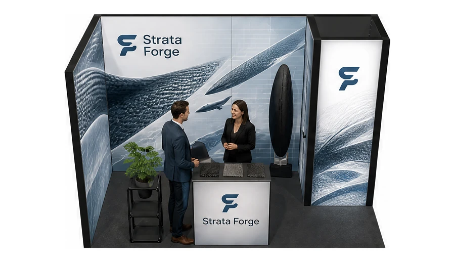 Stoisko 4 × 2 m narożne lewe dla branży materiały kompozytowe, przykładowa marka Strata Forge