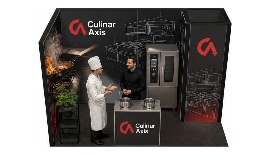 Stoisko 4 × 2 m narożne lewe dla branży wyposażenie gastronomii, przykładowa marka Culinar Axis