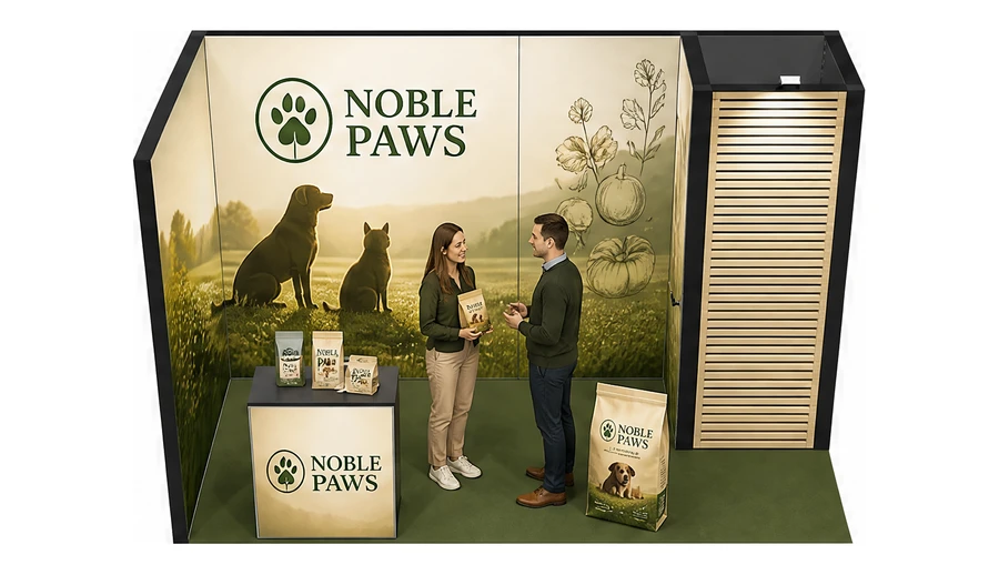 Stoisko 4 × 2 m narożne lewe dla branży karma dla zwierząt, przykładowa marka Noble Paws