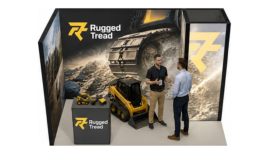Stoisko 4 × 2 m narożne lewe dla branży maszyny budowlane, przykładowa marka Rugged Tread