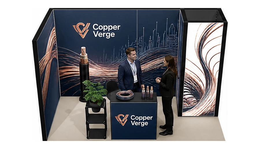 Stoisko 4 × 2 m narożne lewe dla branży kable i elektrotechnika, przykładowa marka Copper Verge