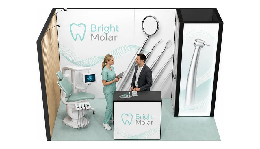 Stoisko 4 × 2 m narożne lewe dla branży stomatologia, przykładowa marka Bright Molar