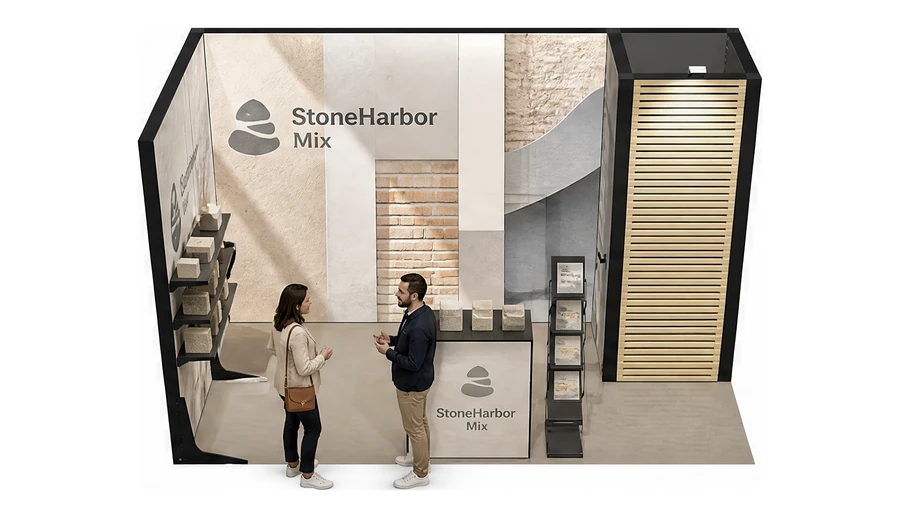 Stoisko 4 × 2 m narożne lewe dla branży materiały budowlane, przykładowa marka StoneHarbor Mix